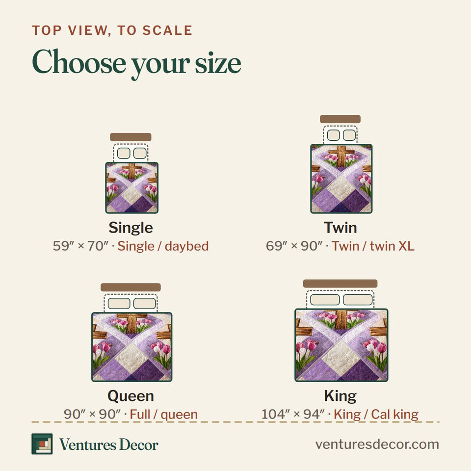 Size guide for the Faithful Sunrise Pink Tulip Lattice quilt, top view to scale: Single 59 x 70 in, Twin 69 x 90 in, Queen 90 x 90 in, King 104 x 94 in