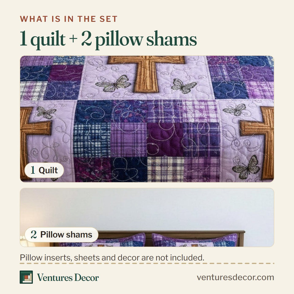 What is in the set: one quilt and two pillow shams, shown in the Faithful Sunrise Violet Patchwork Squares design
