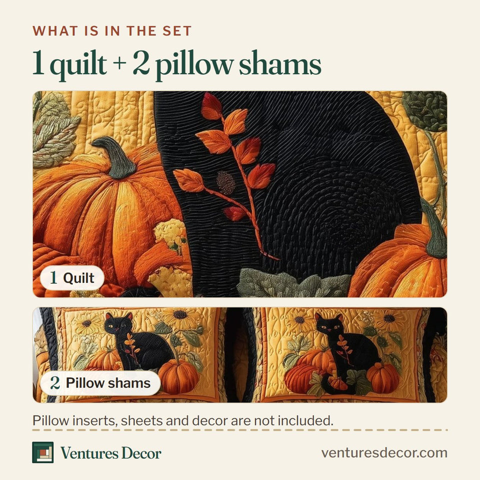 What is in the set: one quilt and two pillow shams, shown in the Fall Feline Pumpkin Dreams design