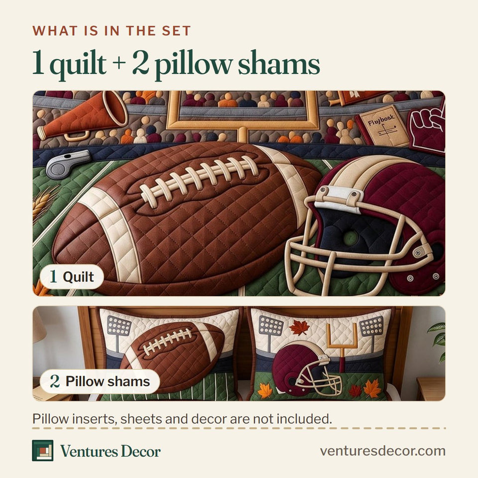 What is in the set: one quilt and two pillow shams, shown in the Fall Football design