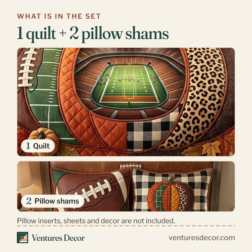 What is in the set: one quilt and two pillow shams, shown in the Fall Football Stadium design