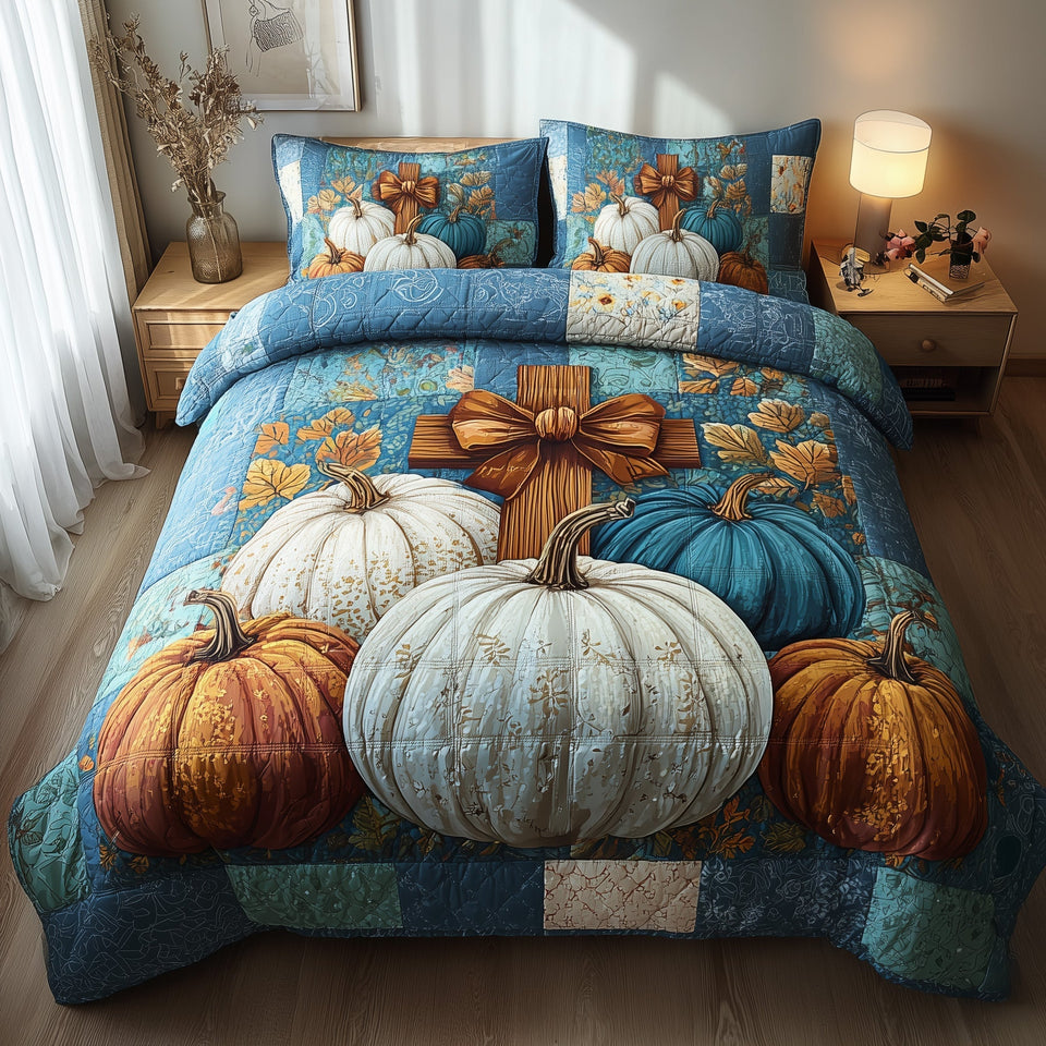 Fall For Jesus Blue Check White Pumpkin quilted bedding set, quilt and two pillow shams on a made bed