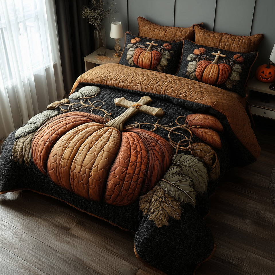Fall For Jesus Oversized Ribbed Pumpkin quilted bedding set, quilt and two pillow shams on a made bed