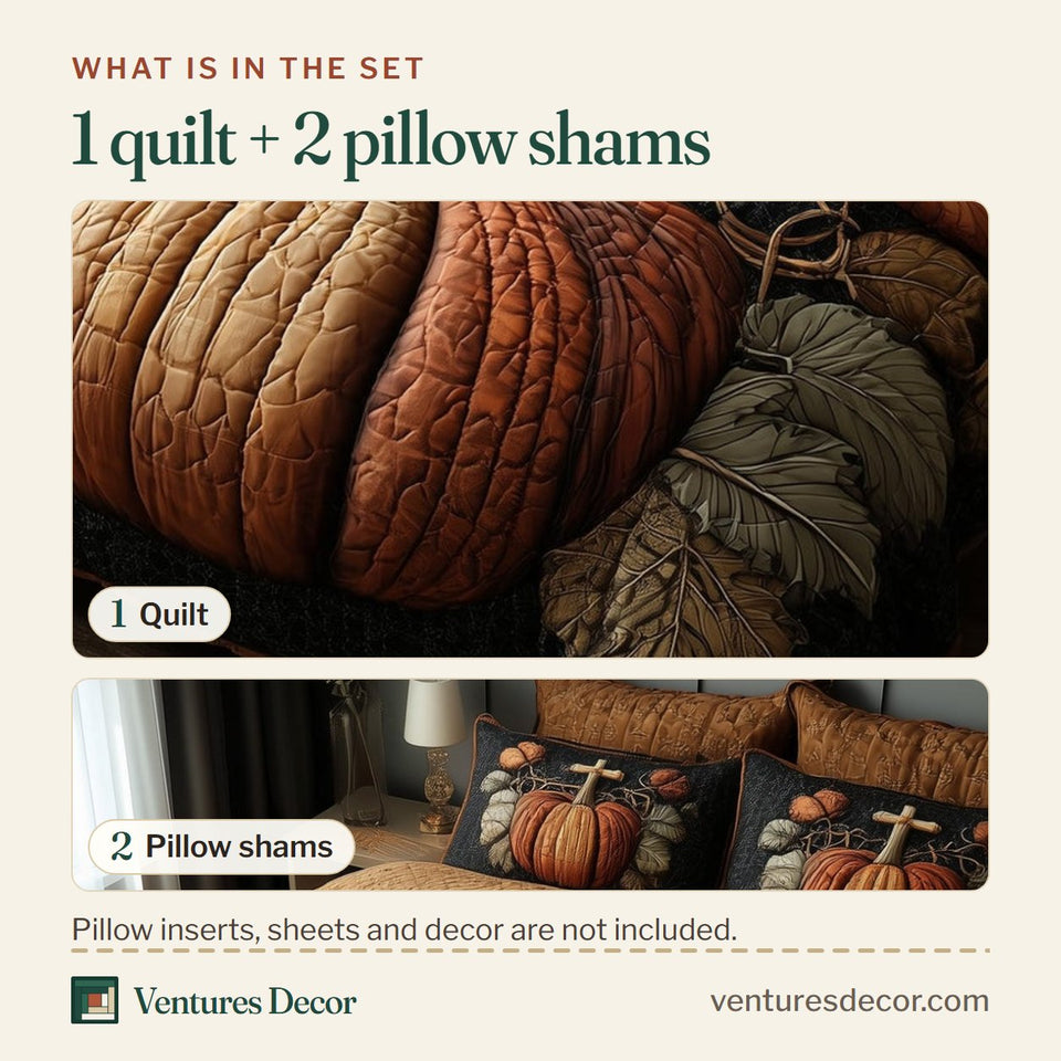 What is in the set: one quilt and two pillow shams, shown in the Fall For Jesus Oversized Ribbed Pumpkin design