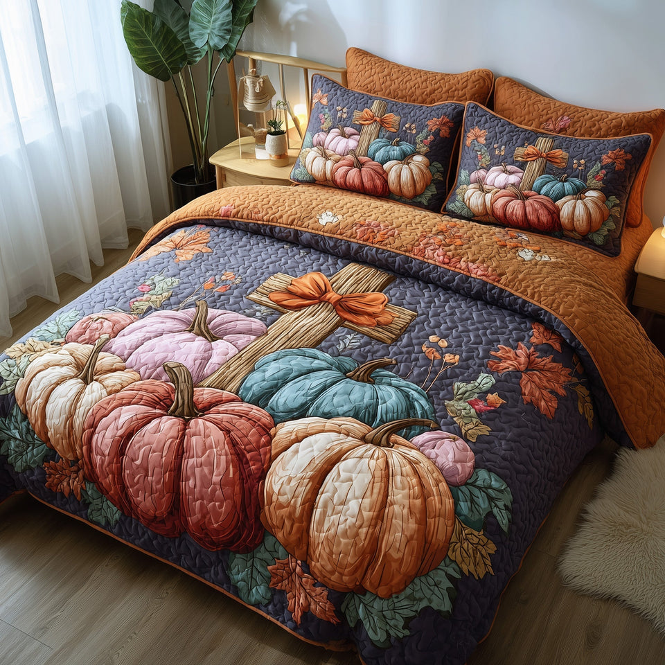 Fall For Jesus Pastel Pumpkins On Plum quilted bedding set, quilt and two pillow shams on a made bed