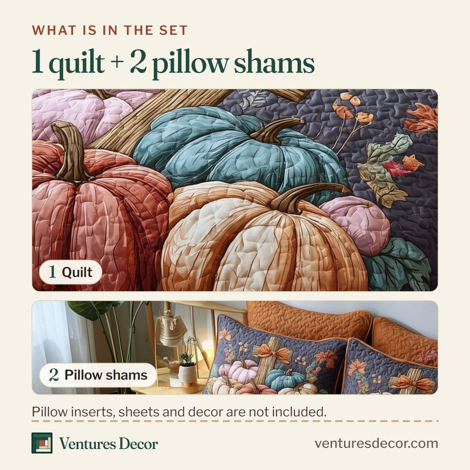 What is in the set: one quilt and two pillow shams, shown in the Fall For Jesus Pastel Pumpkins On Plum design