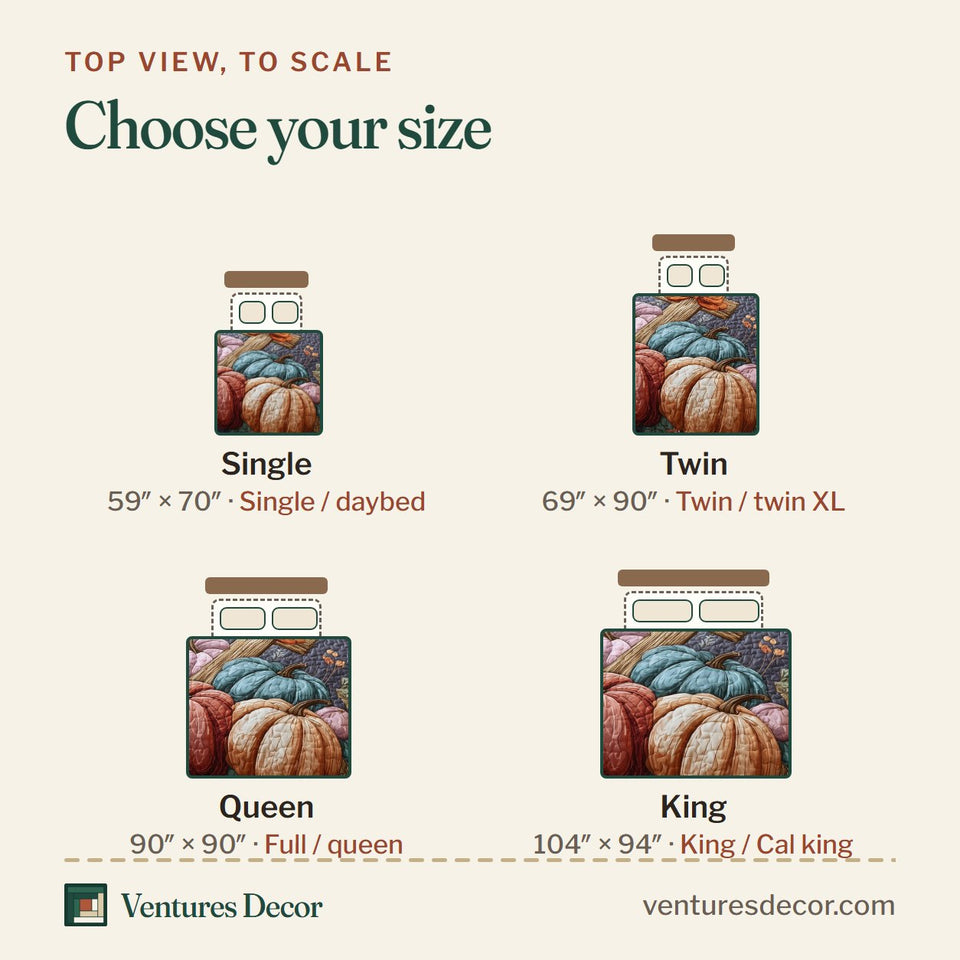 Size guide for the Fall For Jesus Pastel Pumpkins On Plum quilt, top view to scale: Single 59 x 70 in, Twin 69 x 90 in, Queen 90 x 90 in, King 104 x 94 in