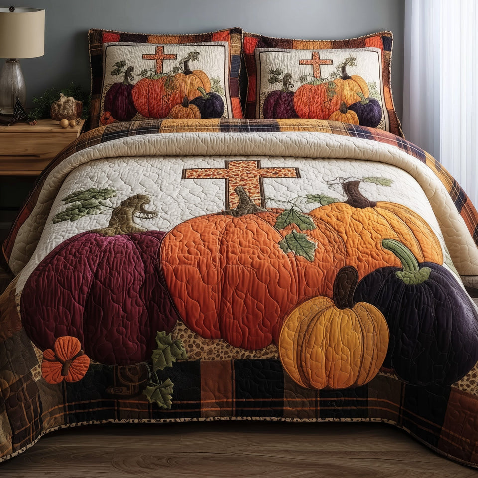 Fall For Jesus Plum Pumpkins Black Band quilted bedding set, quilt and two pillow shams on a made bed