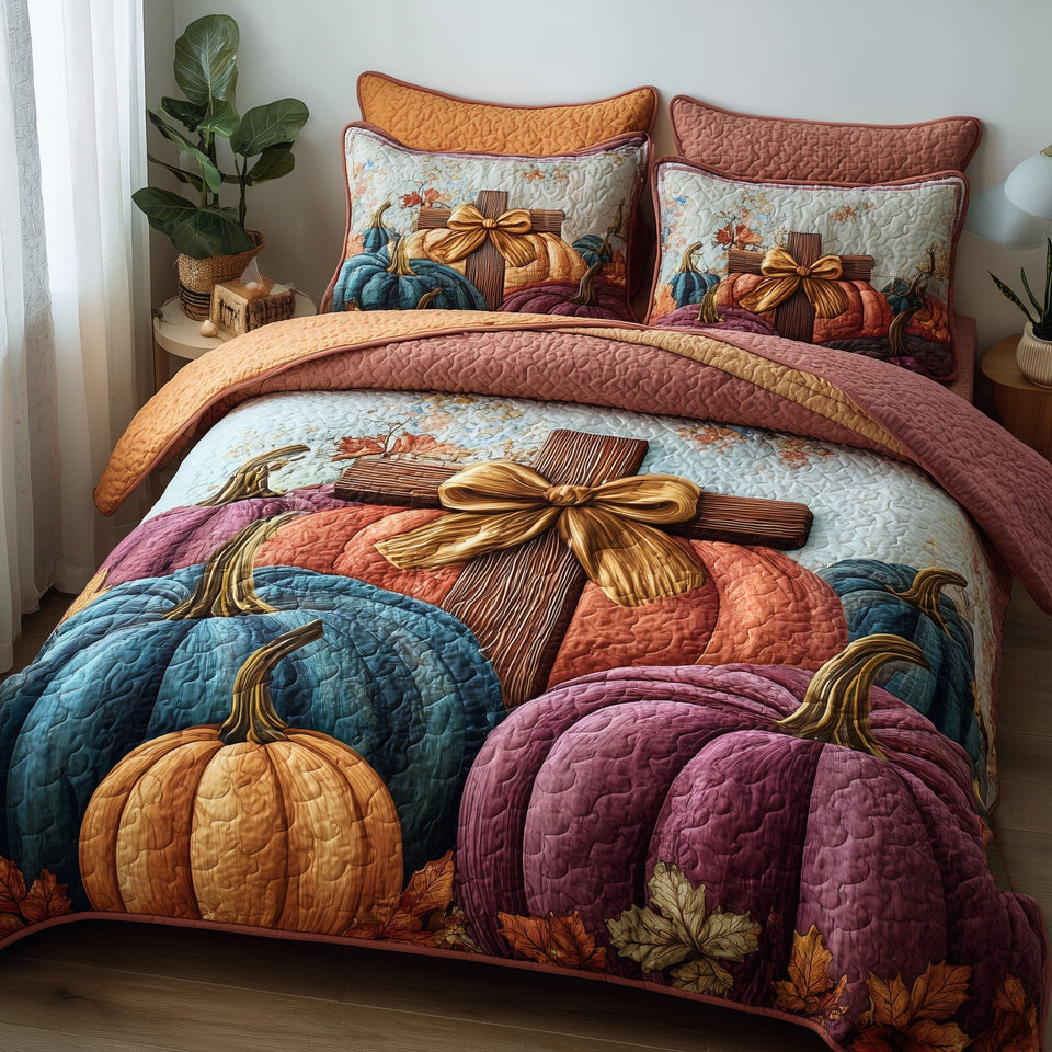 Fall For Jesus Rose And Blue Pumpkins quilted bedding set, quilt and two pillow shams on a made bed