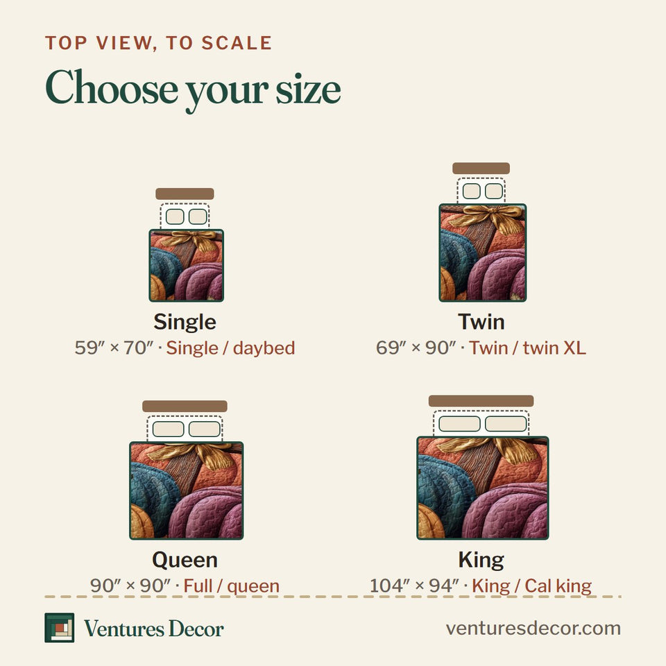 Size guide for the Fall For Jesus Rose And Blue Pumpkins quilt, top view to scale: Single 59 x 70 in, Twin 69 x 90 in, Queen 90 x 90 in, King 104 x 94 in