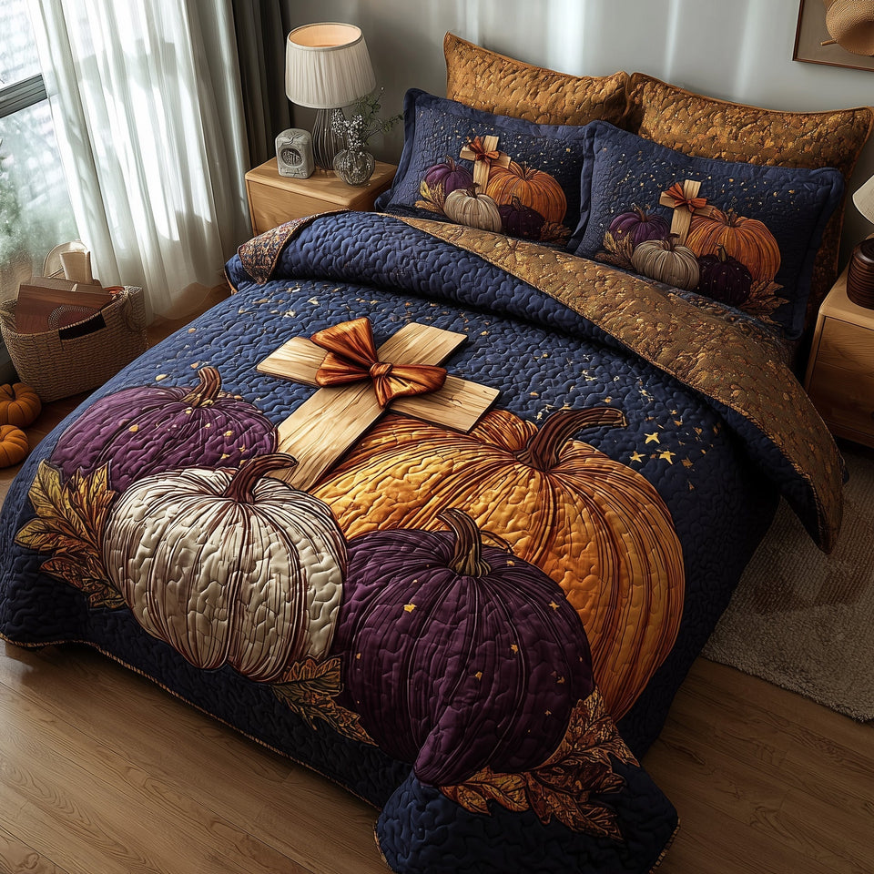 Fall For Jesus Starry Navy Gold Bow quilted bedding set, quilt and two pillow shams on a made bed