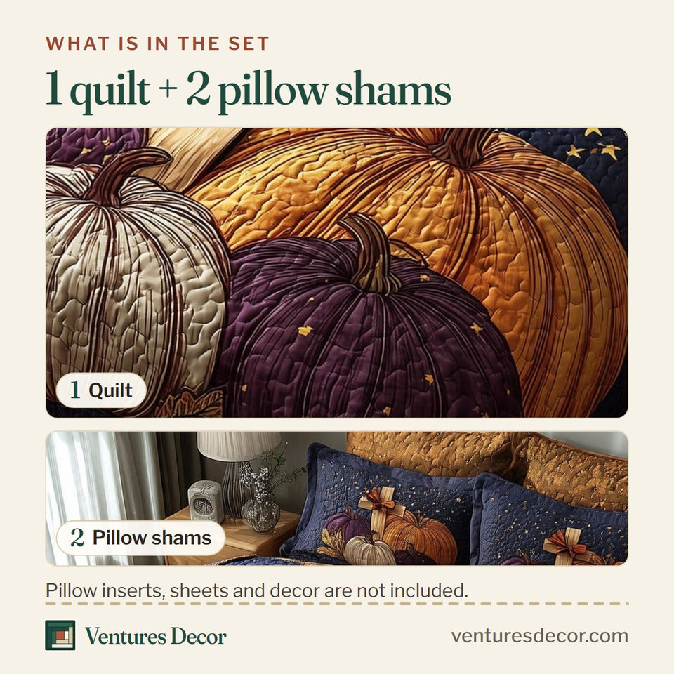 What is in the set: one quilt and two pillow shams, shown in the Fall For Jesus Starry Navy Gold Bow design
