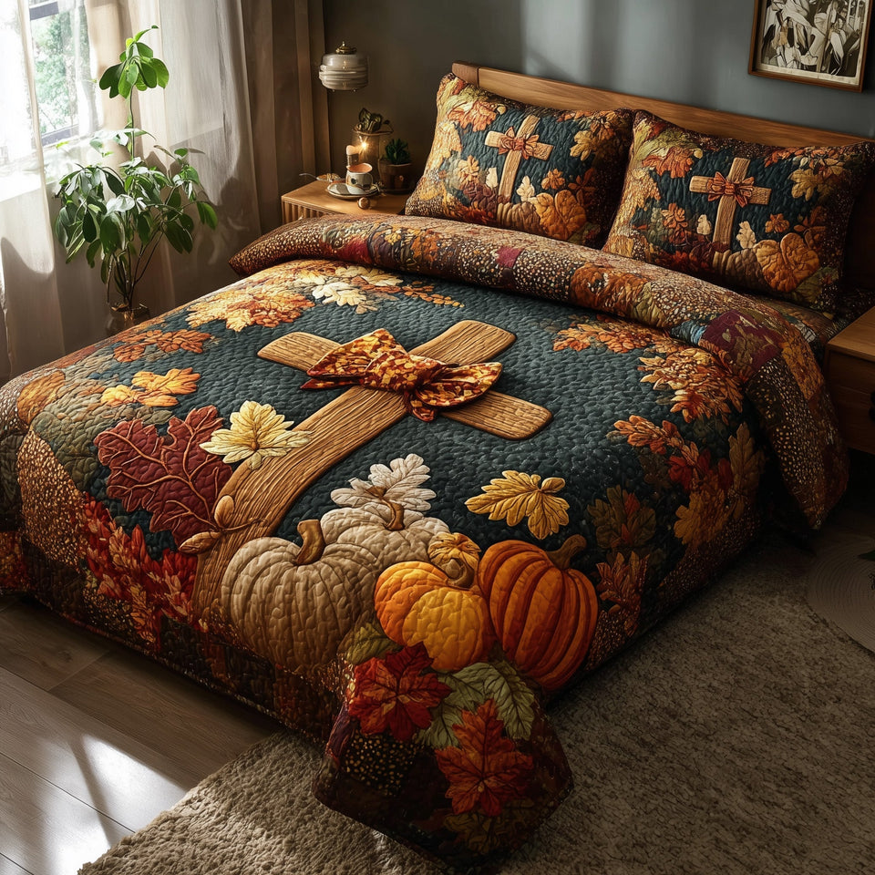 Fall For Jesus Teal Ground Cross quilted bedding set, quilt and two pillow shams on a made bed