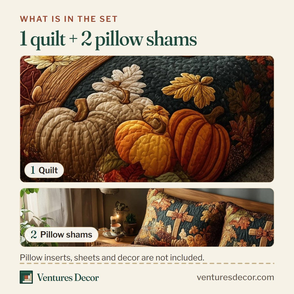 What is in the set: one quilt and two pillow shams, shown in the Fall For Jesus Teal Ground Cross design