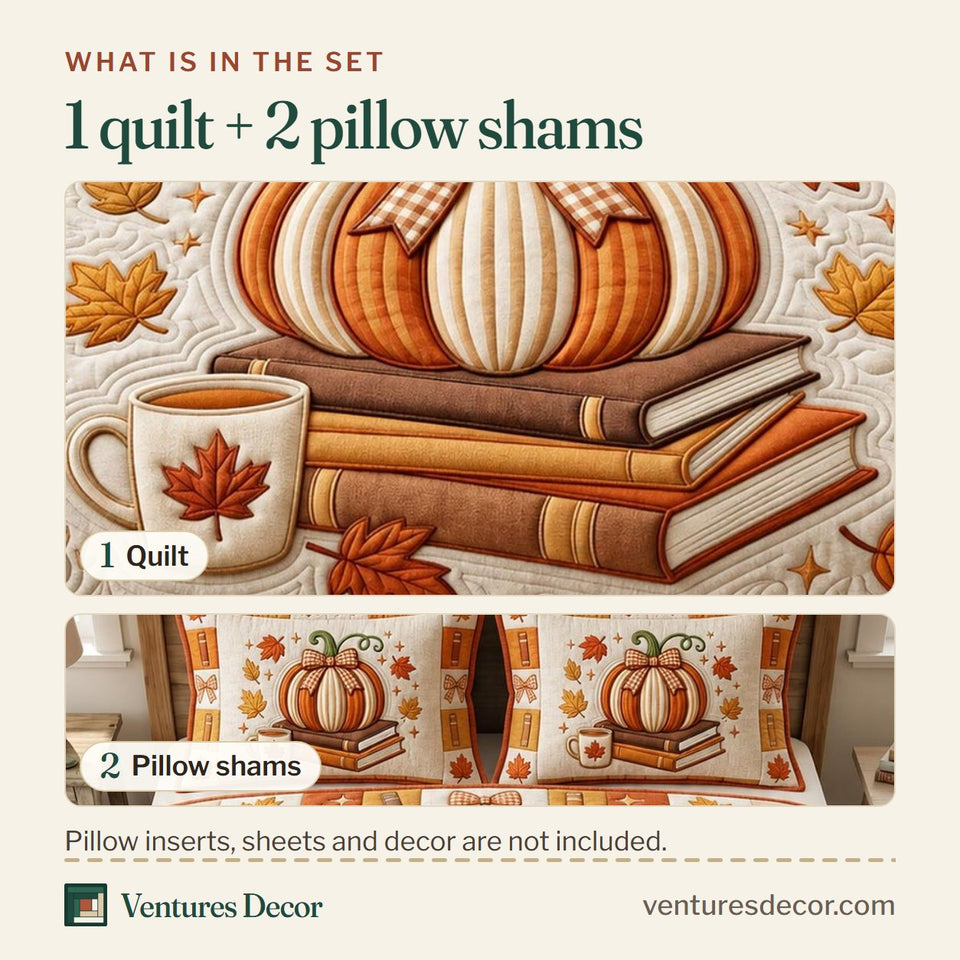 What is in the set: one quilt and two pillow shams, shown in the Fall in Love with Reading design