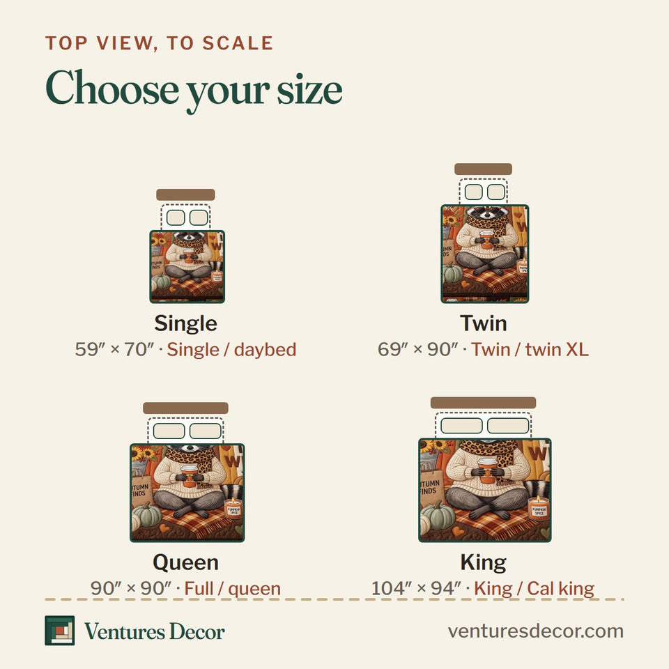 Size guide for the Fall Mood quilt, top view to scale: Single 59 x 70 in, Twin 69 x 90 in, Queen 90 x 90 in, King 104 x 94 in