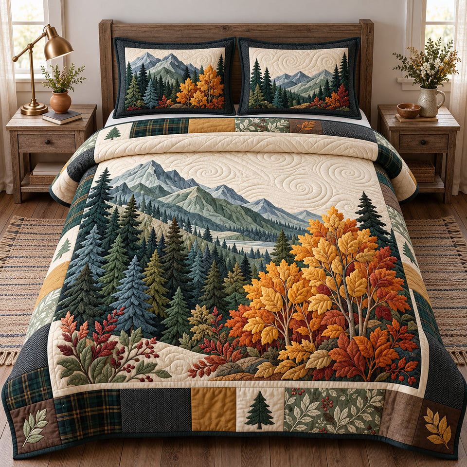 Fall Mountain quilted bedding set, quilt and two pillow shams on a made bed