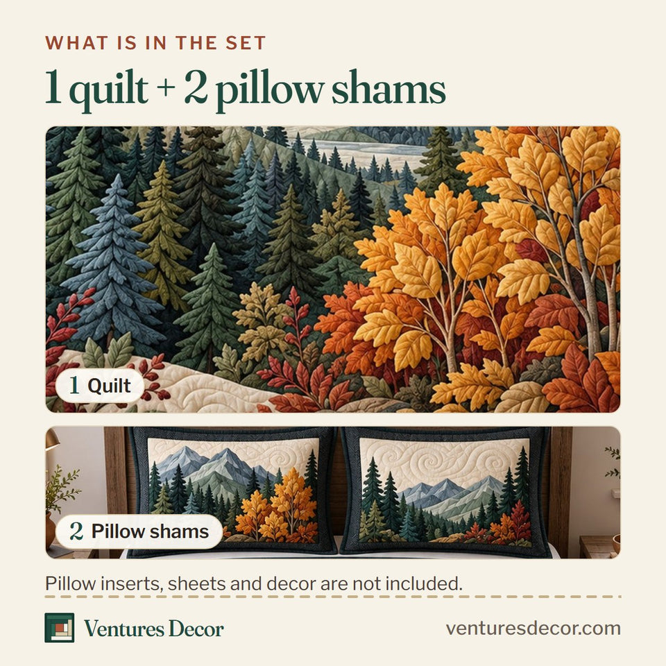 What is in the set: one quilt and two pillow shams, shown in the Fall Mountain Quilt Set, 3-Piece Quilted Bedding with 2 Pillow Shams design