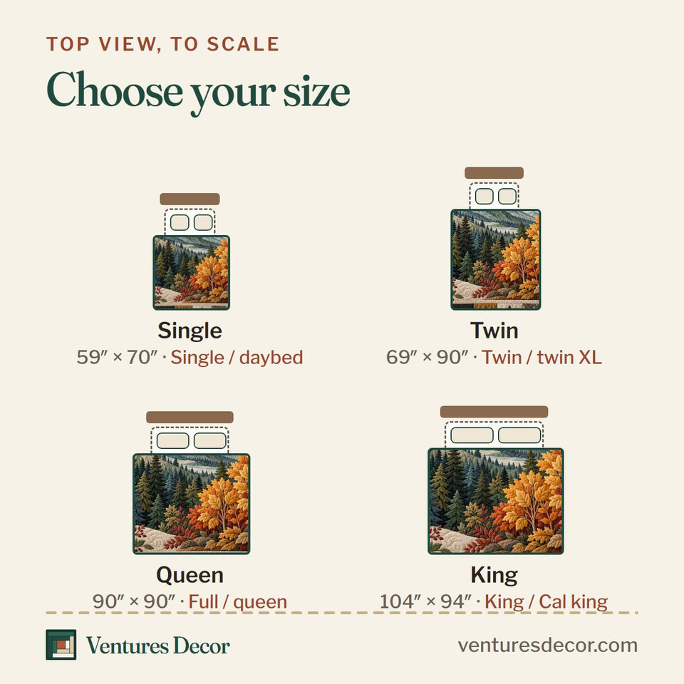 Size guide for the Fall Mountain Quilt Set, 3-Piece Quilted Bedding with 2 Pillow Shams quilt, top view to scale: Single 59 x 70 in, Twin 69 x 90 in, Queen 90 x 90 in, King 104 x 94 in