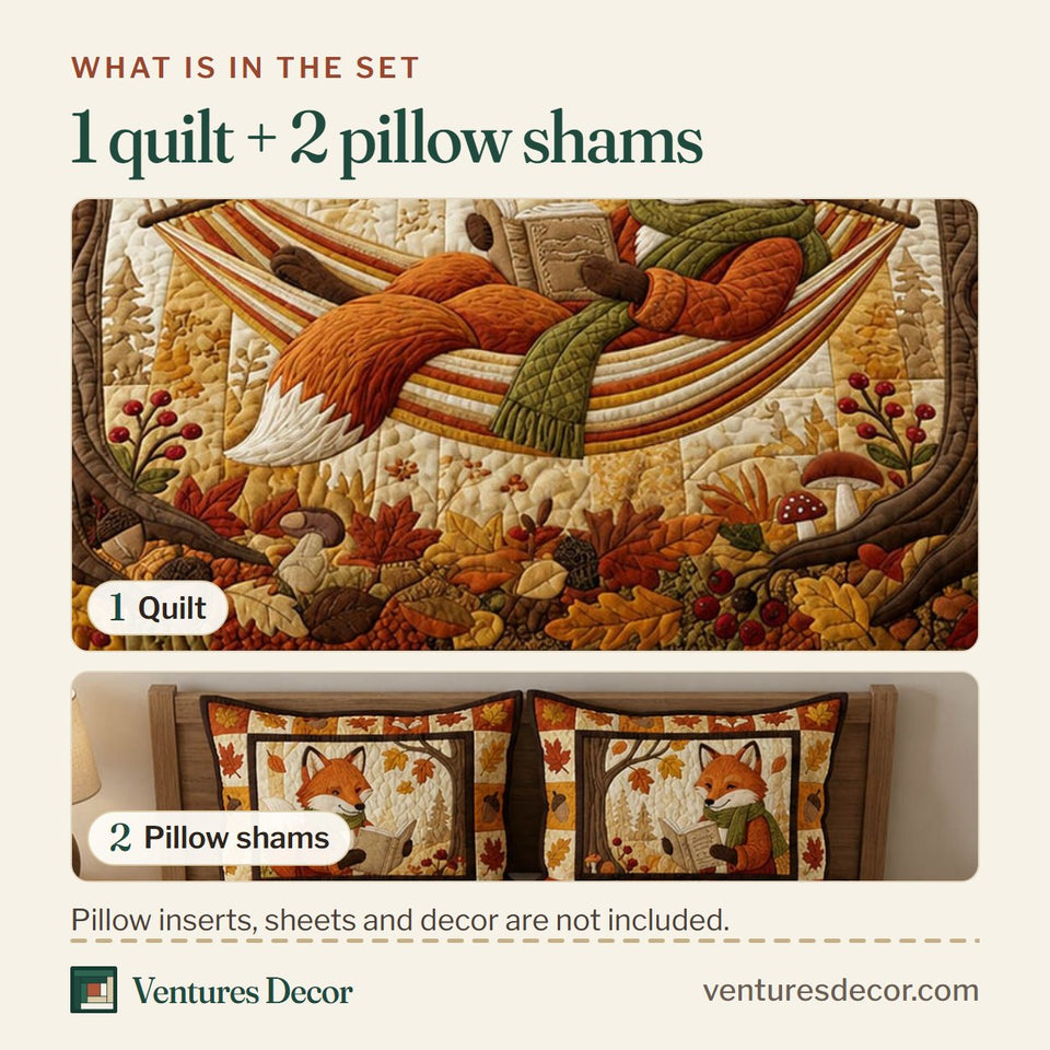 What is in the set: one quilt and two pillow shams, shown in the Fall Reading Fox design