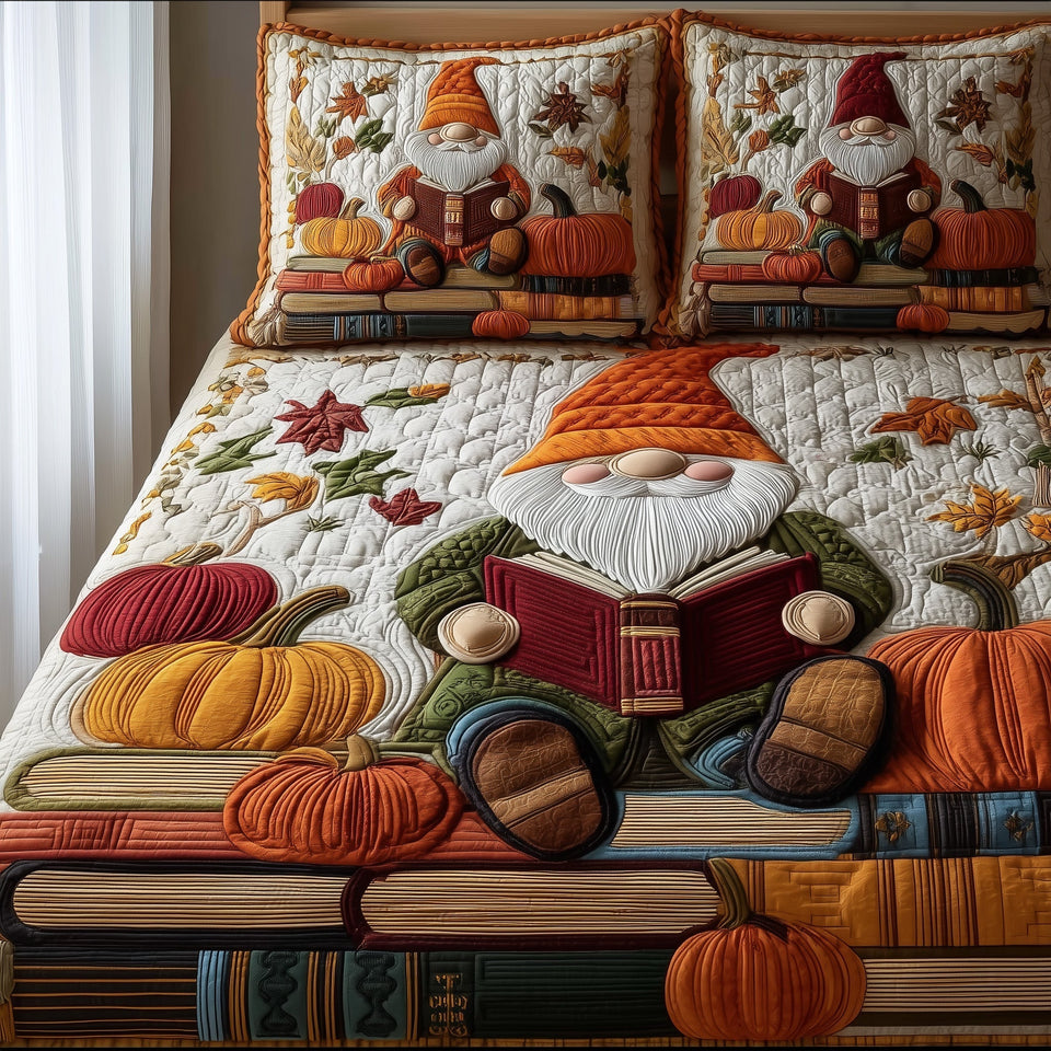Fall Storytime quilted bedding set, quilt and two pillow shams on a made bed