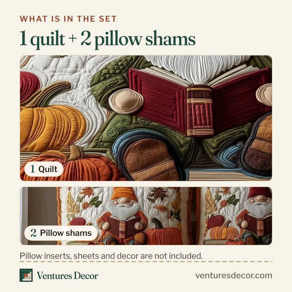 What is in the set: one quilt and two pillow shams, shown in the Fall Storytime design