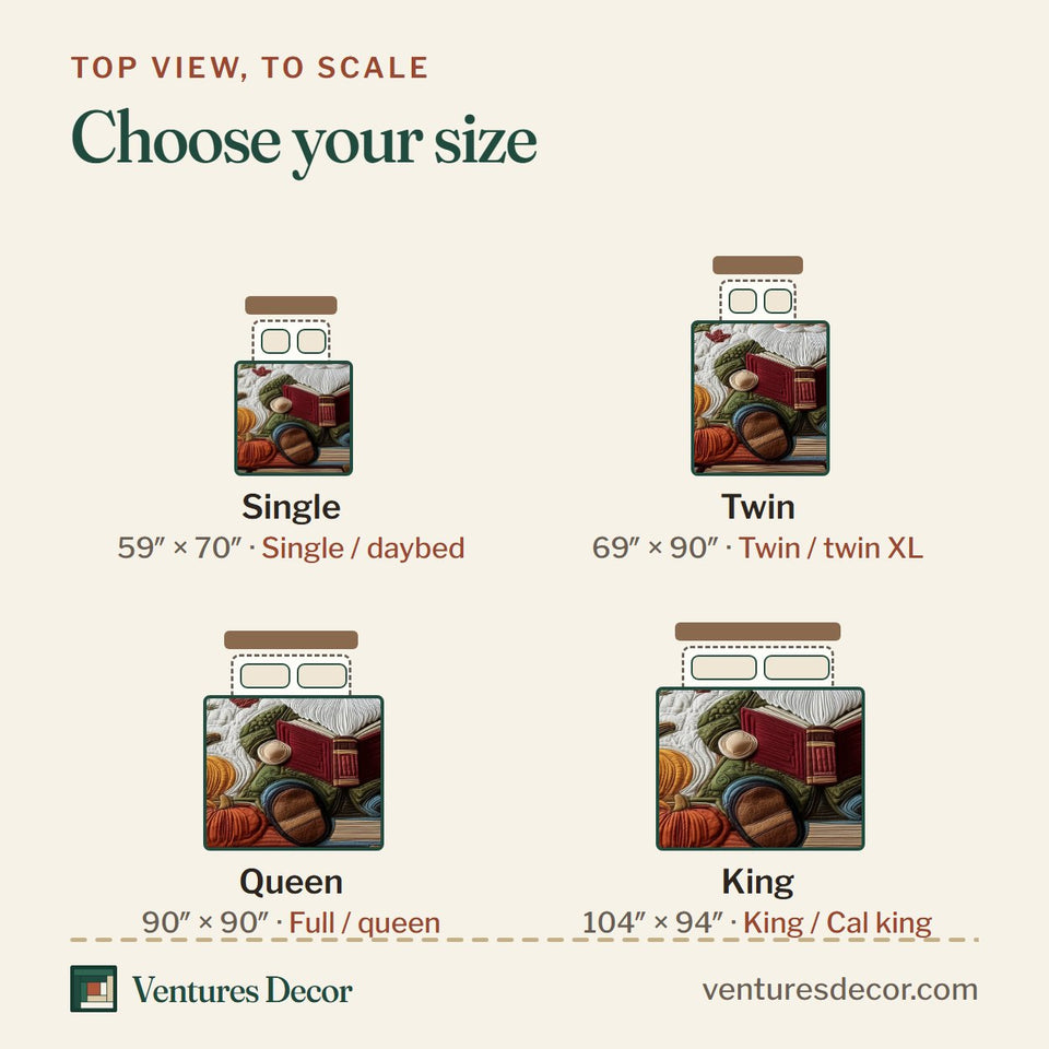 Size guide for the Fall Storytime quilt, top view to scale: Single 59 x 70 in, Twin 69 x 90 in, Queen 90 x 90 in, King 104 x 94 in