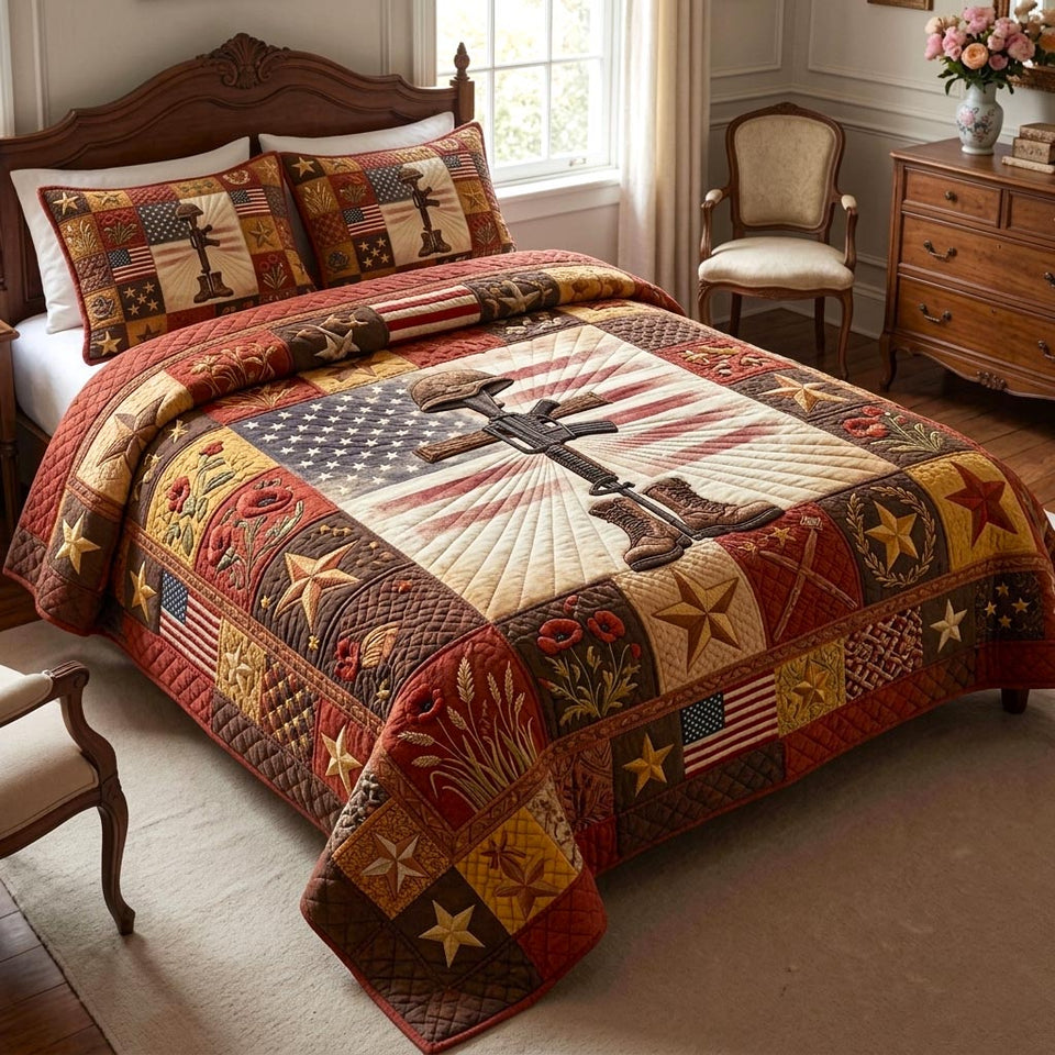 Fallen Heroes Memorial Cross quilted bedding set, quilt and two pillow shams on a made bed