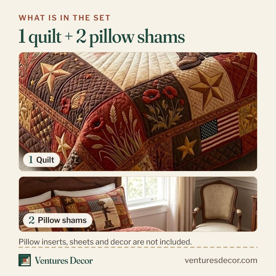 What is in the set: one quilt and two pillow shams, shown in the Fallen Heroes Memorial Cross design