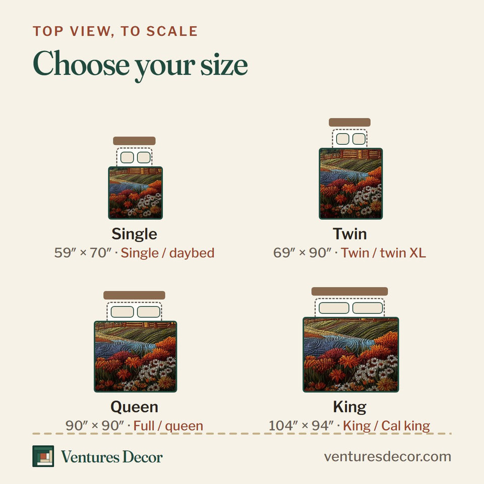Size guide for the Fallen Leaves quilt, top view to scale: Single 59 x 70 in, Twin 69 x 90 in, Queen 90 x 90 in, King 104 x 94 in