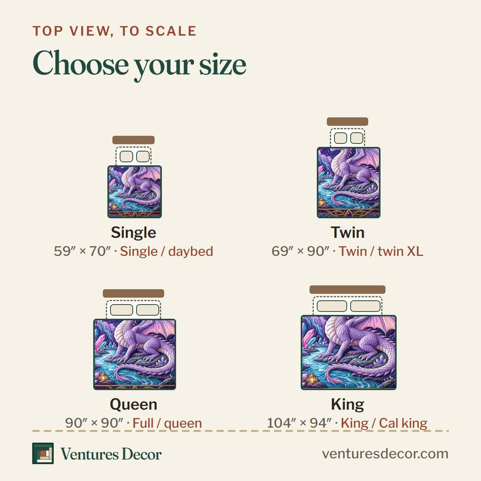Size guide for the Fantasy Flame quilt, top view to scale: Single 59 x 70 in, Twin 69 x 90 in, Queen 90 x 90 in, King 104 x 94 in
