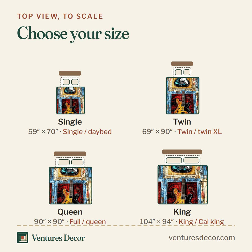 Size guide for the Fantasy Guitar Red and Blue Patchwork quilt, top view to scale: Single 59 x 70 in, Twin 69 x 90 in, Queen 90 x 90 in, King 104 x 94 in