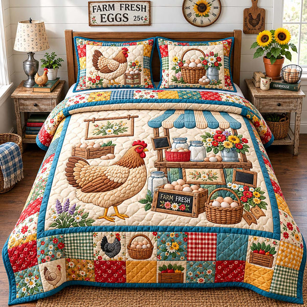 Farm Fresh Market quilted bedding set, quilt and two pillow shams on a made bed