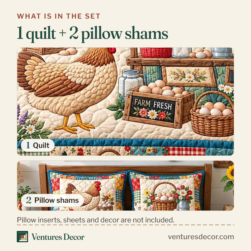What is in the set: one quilt and two pillow shams, shown in the Farm Fresh Market Quilt Set, 3-Piece Quilted Bedding with 2 Pillow Shams design