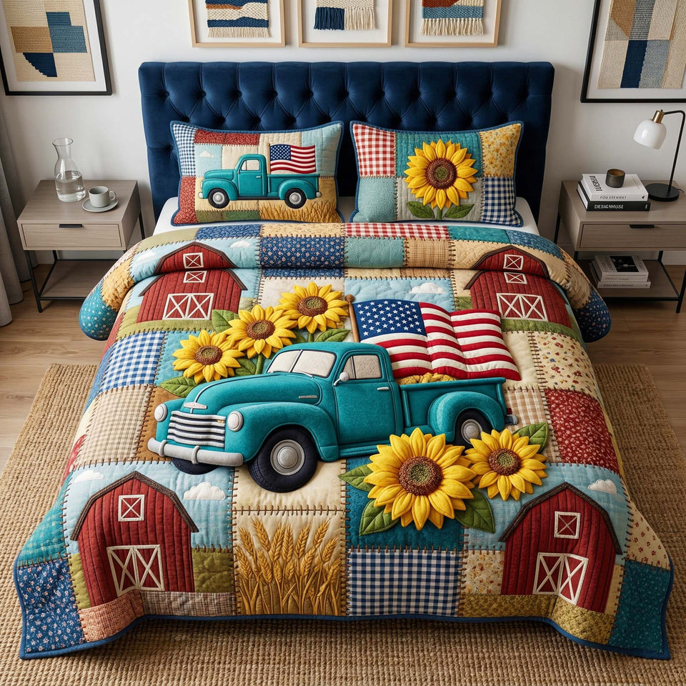 Farm Truck quilted bedding set, quilt and two pillow shams on a made bed