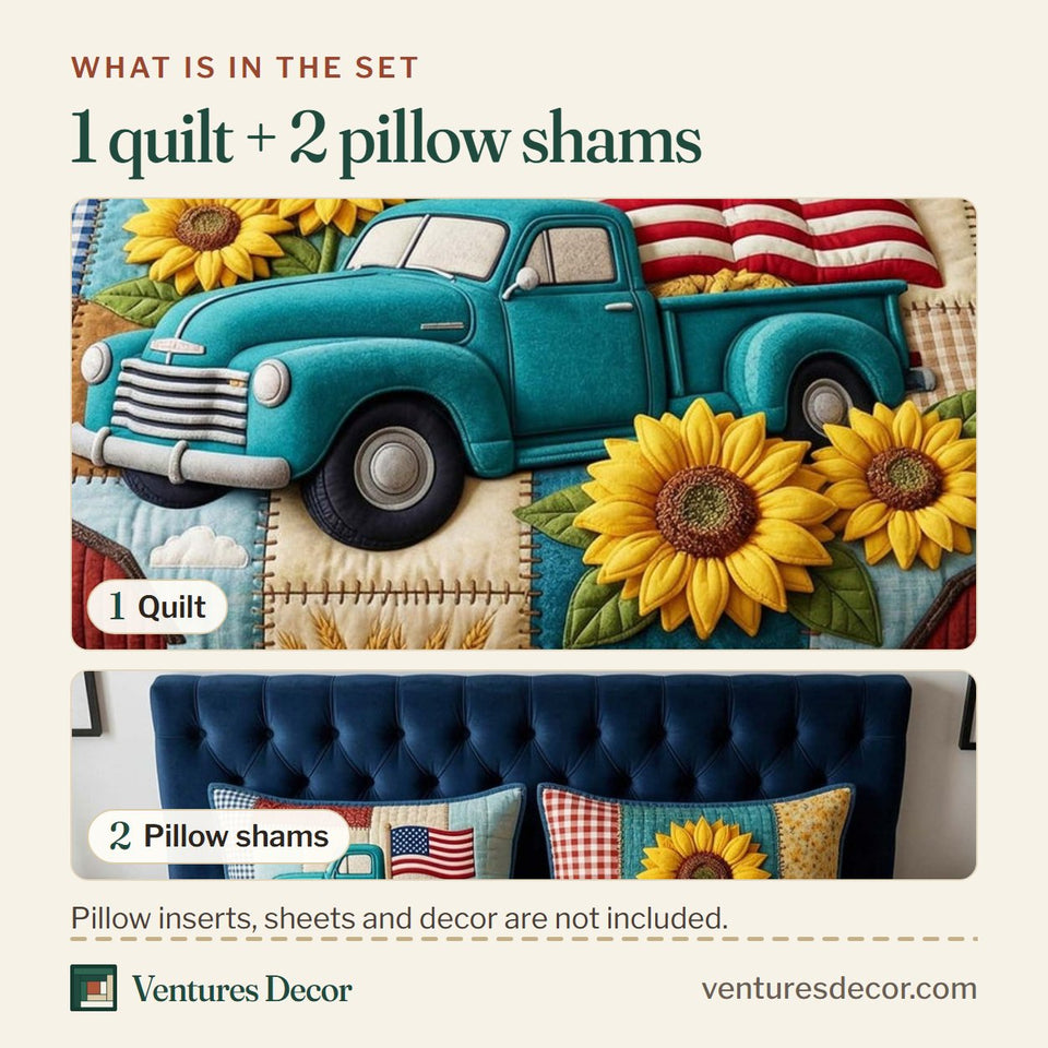 What is in the set: one quilt and two pillow shams, shown in the Farm Truck design