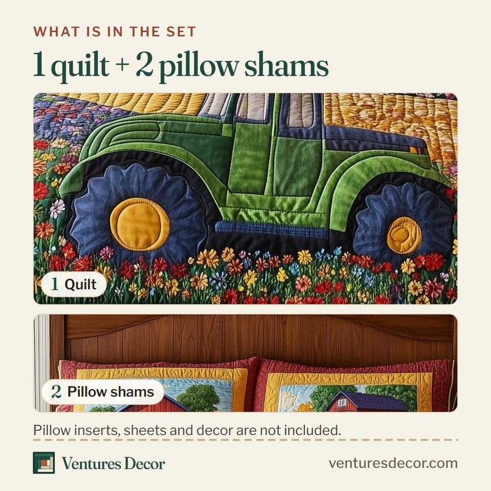 What is in the set: one quilt and two pillow shams, shown in the Farmer Heaven design