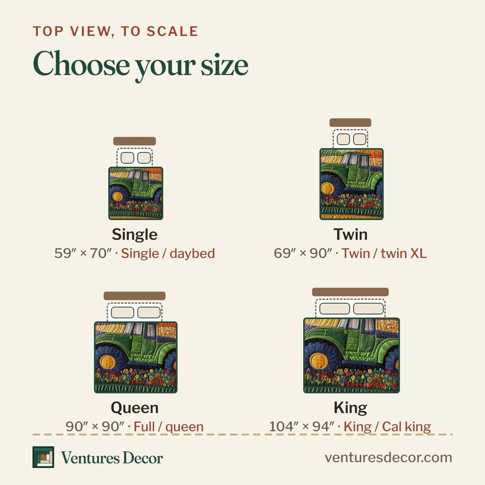 Size guide for the Farmer Heaven quilt, top view to scale: Single 59 x 70 in, Twin 69 x 90 in, Queen 90 x 90 in, King 104 x 94 in
