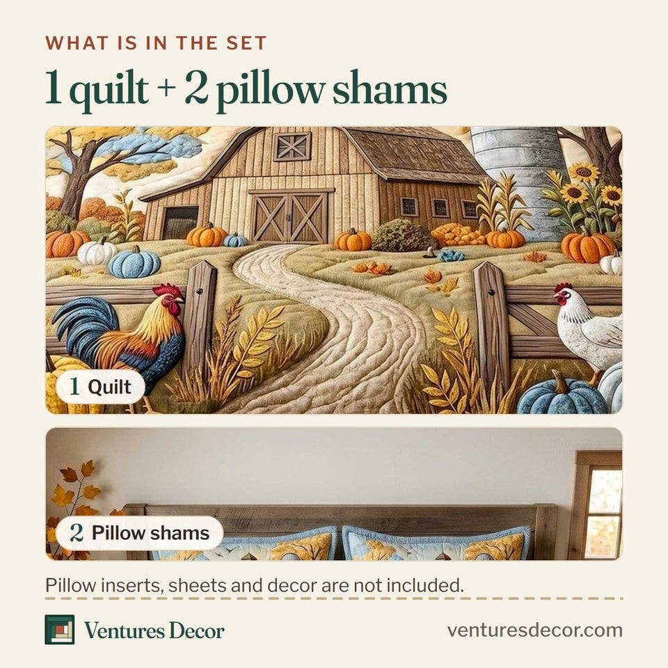What is in the set: one quilt and two pillow shams, shown in the Farmhouse Harvest Rooster on the Dirt Road design