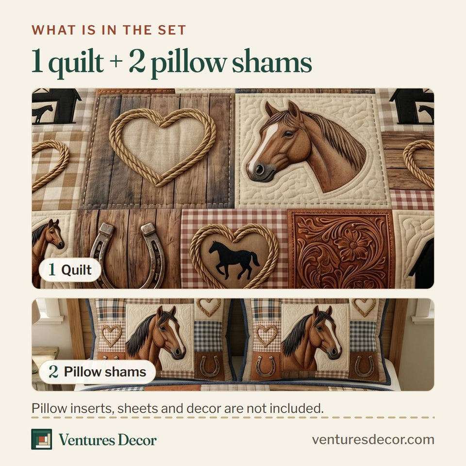 What is in the set: one quilt and two pillow shams, shown in the Farmhouse Horse Barn and Heart Checks design