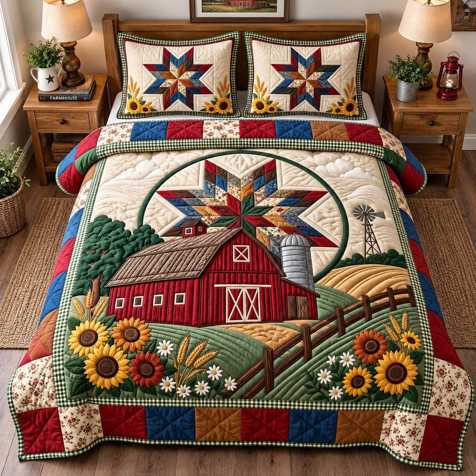 Farmhouse Life Farm Quilt quilted bedding set, quilt and two pillow shams on a made bed