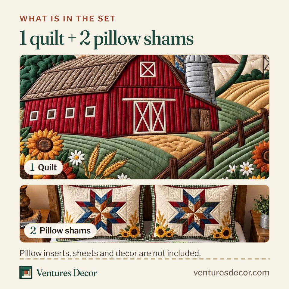 What is in the set: one quilt and two pillow shams, shown in the Farmhouse Life Farm Quilt design