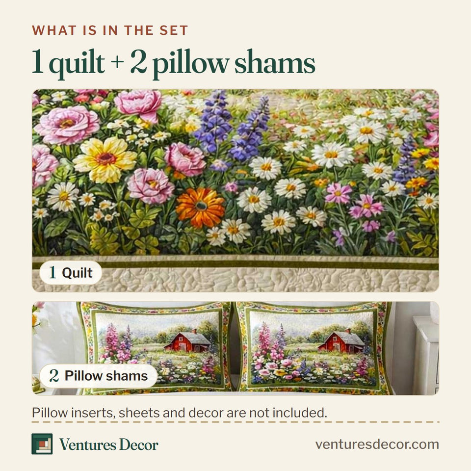 What is in the set: one quilt and two pillow shams, shown in the Farmhouse Meadow Blossom Frame design