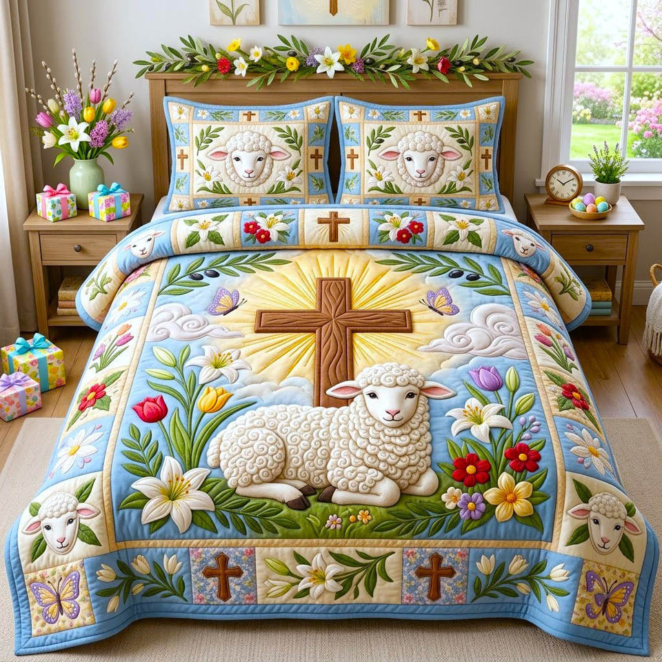 Farmhouse Sheep Cute Sheep quilted bedding set, quilt and two pillow shams on a made bed