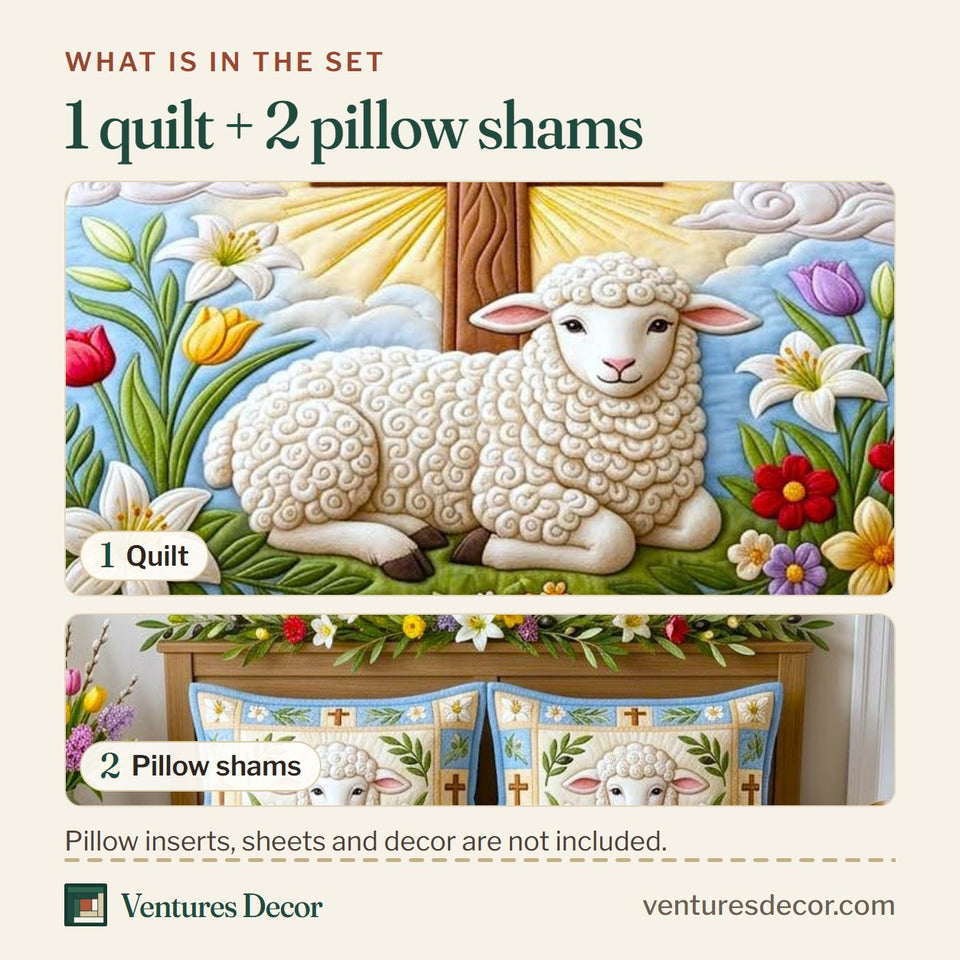 What is in the set: one quilt and two pillow shams, shown in the Farmhouse Sheep Cute Sheep design