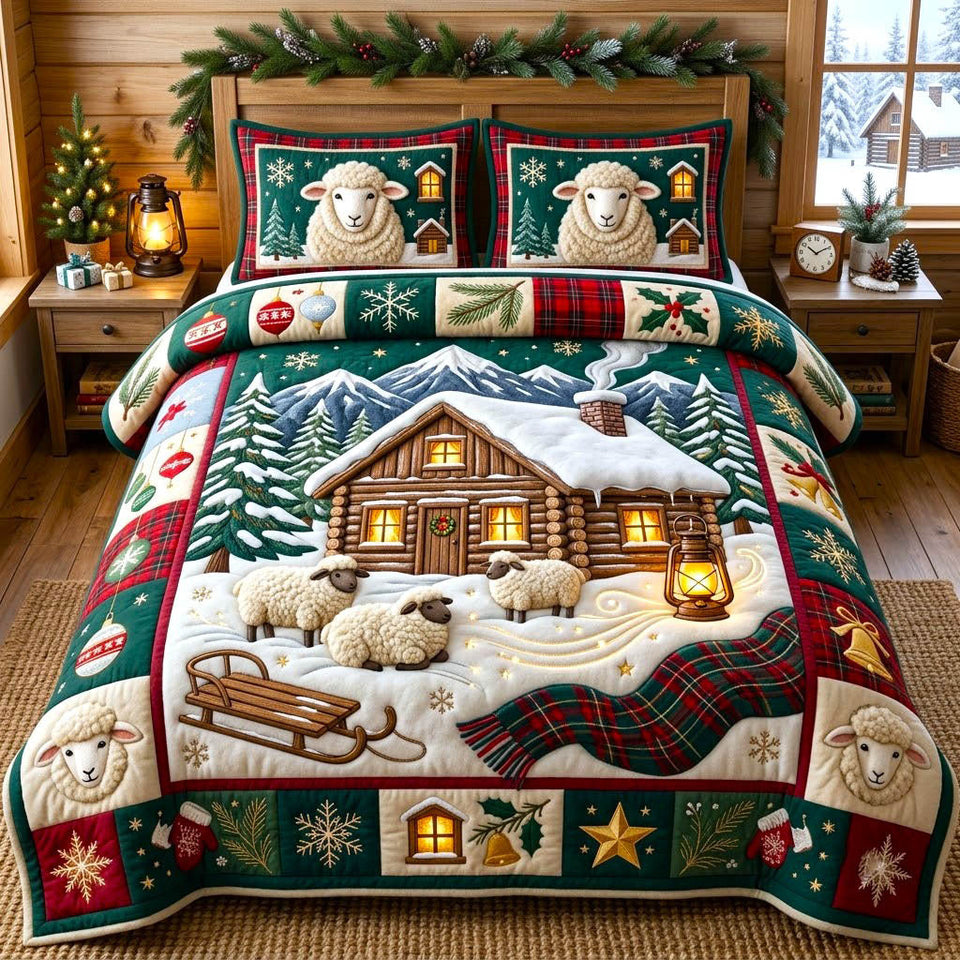 Farmhouse Sheep Lamb quilted bedding set, quilt and two pillow shams on a made bed