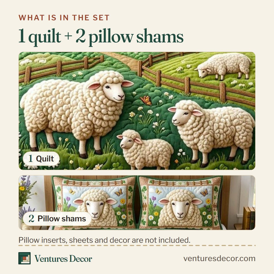 What is in the set: one quilt and two pillow shams, shown in the Farmhouse Sheep Decor design