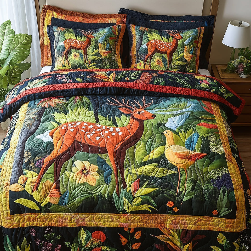 Fawn Grove Songbird quilted bedding set, quilt and two pillow shams on a made bed