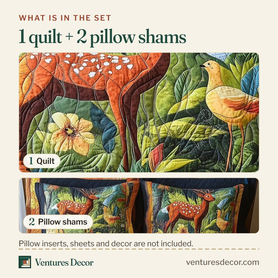 What is in the set: one quilt and two pillow shams, shown in the Fawn Grove Songbird design