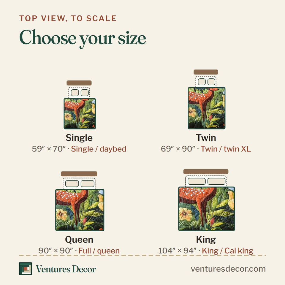 Size guide for the Fawn Grove Songbird quilt, top view to scale: Single 59 x 70 in, Twin 69 x 90 in, Queen 90 x 90 in, King 104 x 94 in